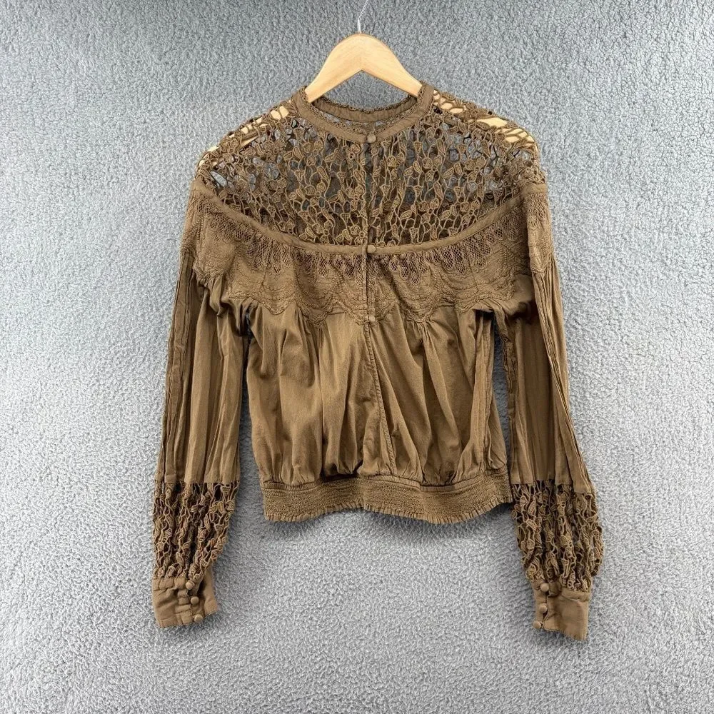 Free People Better For You Crochet Embroidered Victorian Blouse Top Long Sleeve